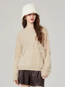 JC Collection Cable Knit Self Design Fuzzy Detail Pullover