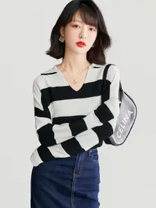 JC Collection Striped V-Neck Pullover Sweater