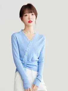 JC Collection Self Design V-Neck Ruffles Pullover Sweater