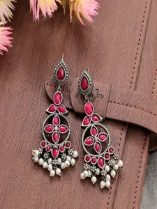 UNIVERSITY TRENDZ Silver-Plated Stone Studded Oxidised Classic Drop Earrings