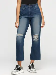 Pepe Jeans Women Straight Fit High-Rise Slash Knee Heavy Fade Cotton Jeans