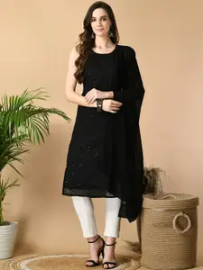 Sangria Black Geometric Embroidered Sleeveless Sequinned Dobby Straight Kurta With Dupatta