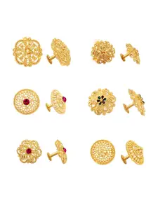 Vighnaharta Set Of 6 Gold-Plated Stone-Studded Floral Studs Earrings