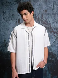 LOCOMOTIVE Self Design Cuban Collar Oversized Cotton Dobby Casual Shirt