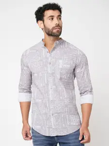 Blue Buddha Geometric Printed Band Collar Cotton Casual Shirt