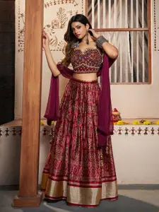 ODETTE Printed Mirror Work Semi-Stitched Lehenga & Unstitched Blouse With Dupatta