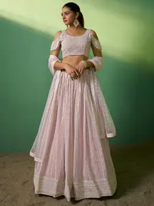 ODETTE Mirror Work Embroidered Semi-Stitched Lehenga & Unstitched Blouse With Dupatta