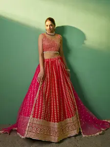 ODETTE Embellished Sequined Semi-Stitched Lehenga & Unstitched Blouse With Dupatta