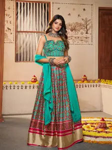 ODETTE Ethnic Motifs Embroidered Semi-Stitched Lehenga & Unstitched Blouse With Dupatta
