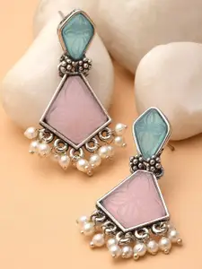 KARATCART Silver-Plated Diamond Shape Kundan Studded Drop Earrings