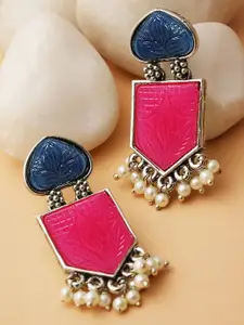 KARATCART Silver-Plated Geometric Kundan Studded Drop Earrings