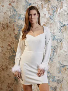 Athena White Fringed Detailed Sweetheart Neck Long Sleeves Bodycon Dress