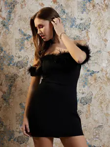 Athena Black Fringed Detailed Off-Shoulder Scuba Bodycon Mini Dress