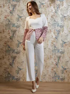 Athena White Self Designed Sweetheart Neck Top With Trousers Co-Ords