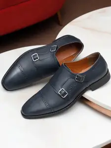 LOUIS STITCH Men Prussian Blue Premium Italian Leather Formal Monk Shoes