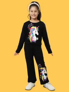 Ninos Dreams Girls Unicorn Printed Pure Cotton T-shirt With Flared Trousers