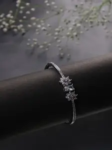 Jewelz Silver-Plated American Diamond Floral Bangle-Style Bracelet