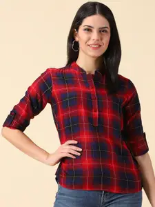PURPLE FLAUNT Checked Mandarin Collar Roll-Up Sleeves Shirt Style Top