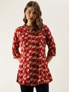 KALINI Floral Printed Mandarin Collar Roll-Up Sleeves Shirt type Top