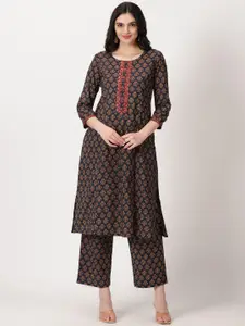 Saffron Threads Dahlia Print Cotton Embroidered Detail Straight Kurta