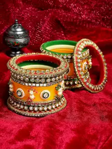 PANASH Set of 14 Gold-Plated Artificial Stone Studded Bangles