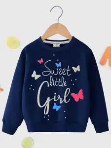 KUCHIPOO Girls Typography Printed Pullover Fleece Sweatshirt