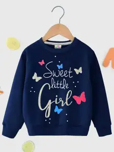 KUCHIPOO Girls Typography Printed Pullover Fleece Sweatshirt
