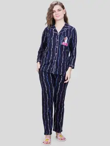 She N She Abstract Printed Lapel Collar Shirt With Lounge Pants