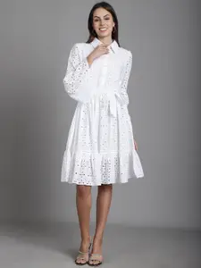 MARC LOUIS Self Design Schiffli Tie Ups Cotton Shirt Dress
