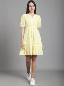 MARC LOUIS Self Design Schiffli Smocked Cotton Fit & Flare Dress