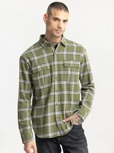 Snitch Green Classic Slim Fit Tartan Checked Pure Cotton Casual Shirt
