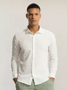 Snitch White Classic Slim Fit Self Design Casual Shirt