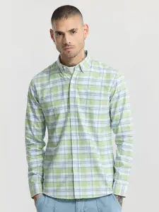 Snitch Green Classic Slim Fit Tartan Checked Button-Down Collar Pure Cotton Casual Shirt