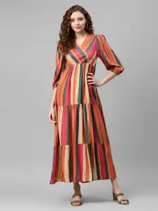 DEEBACO Stripes Print Rayon V-Neck Maxi Dress