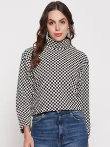 Madame Checked Print Turtle Neck Drop-Shoulder Sleeves Boxy Top