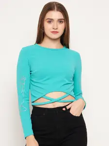 Madame Solid Cut-Out Crop Top With Minimal Print Detail