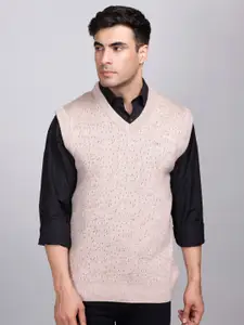 GODFREY Geometric Self Design V-Neck Sleeveless Woollen Sweater Vest