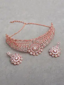 Mirana Delisha Rose Gold-Plated CZ Stone Studded Designer Choker Necklace & Earrings