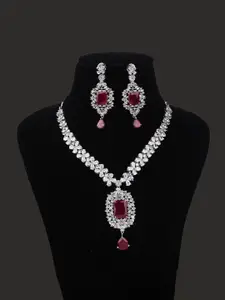Mirana Elle Rhodium-Plated American Diamond Studded Necklace With Earrings