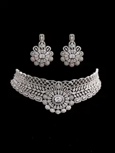 Mirana Delisha Rhodium-Plated Cubic Zirconia Studded Necklace With Earrings