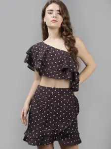 The Roadster Lifestyle Co. Polka Dots Printed Ruffles & Flounces Crop Top With Skirt