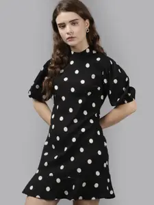 The Roadster Lifestyle Co. Black Polka Dots Printed High Neck Puffed Sleeves A-Line Dress