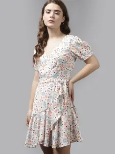 The Roadster Lifestyle Co. White Floral Printed Puffed Sleeves Ruffles Wrap Dress