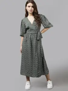 The Roadster Lifestyle Co. Green Polka Dots Printed Puffed Sleeves Wrap Midi Dress