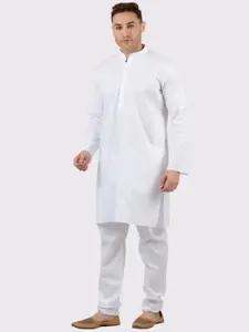 Maharaja Band Collar Pure Cotton White Romance Straight Kurta with Pyjamas