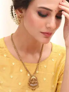 Tarinika Madhav  Gold-Plated CZ-Studded Antique Temple Pendant Jewellery Set