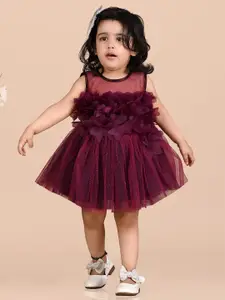 BAESD Girls Floral Self Design Net & Cotton Fit & Flare Dress