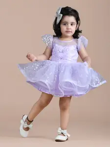 BAESD Girls Conversational Printed Cap Sleeves Net & Cotton Fit & Flare Dress