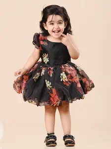 BAESD Girls Floral Printed One Shoulder Embroidered Organza & Cotton Fit and Flare Dress