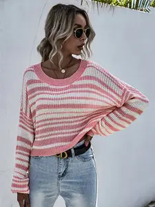 StyleCast Open Knit Striped Drop Shoulder Sleeves Top
